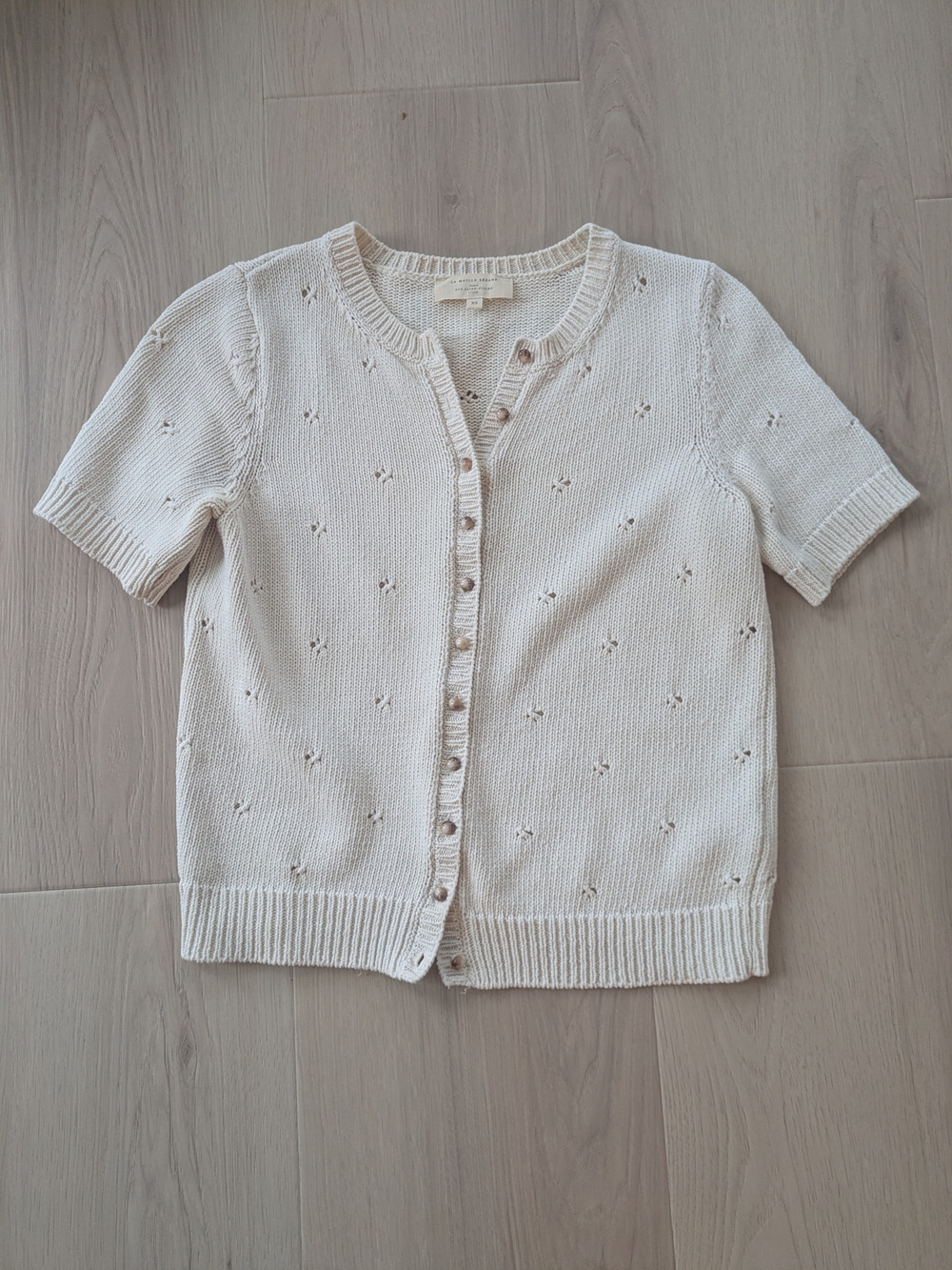 Sezane Joey Cream Short-Sleeve Eyelet Knit Cardigan